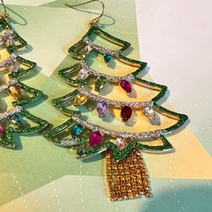 Christmas Tree Holiday Drop Earrings Lights Rhinestones Baublebar Dangle Multi